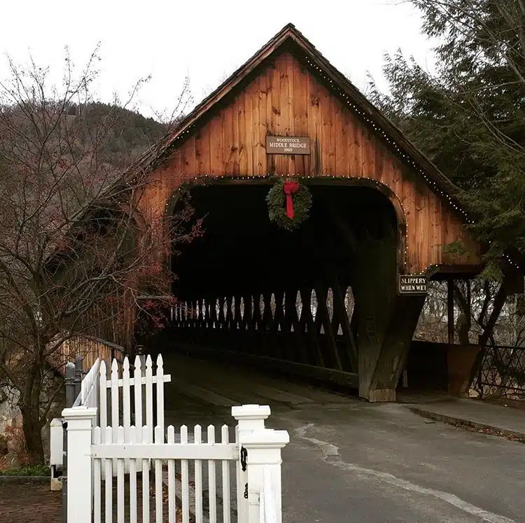 The picture-perfect covered bridge in Woodstock, Vermont.