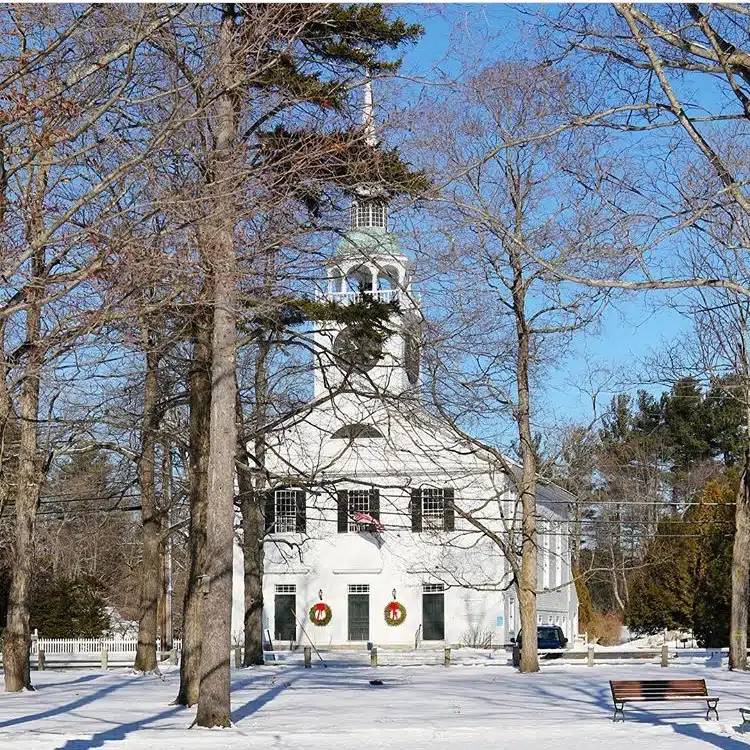 A view of the old church from Amherst, New Hampshire's village green.