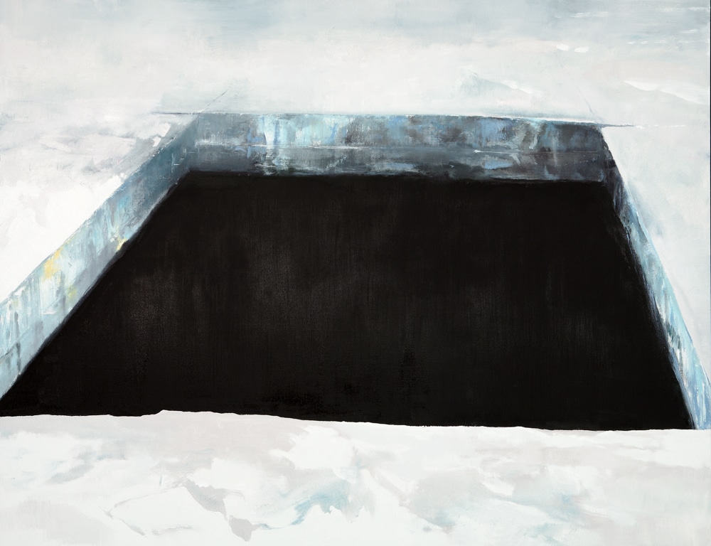 Aho on Ice Cut (1932), a 2010 painting in his ongoing series: “By tipping the space ... and extending the edges of the dark trapezoid beyond the edge of the composition, the image becomes unsettled.”