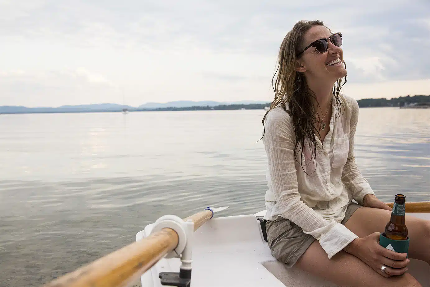 Elizabeth just as happy as ever as we row our way back to the houseboat from some time ashore Valcour Island. Summer evenings on the water in New England are priceless.
