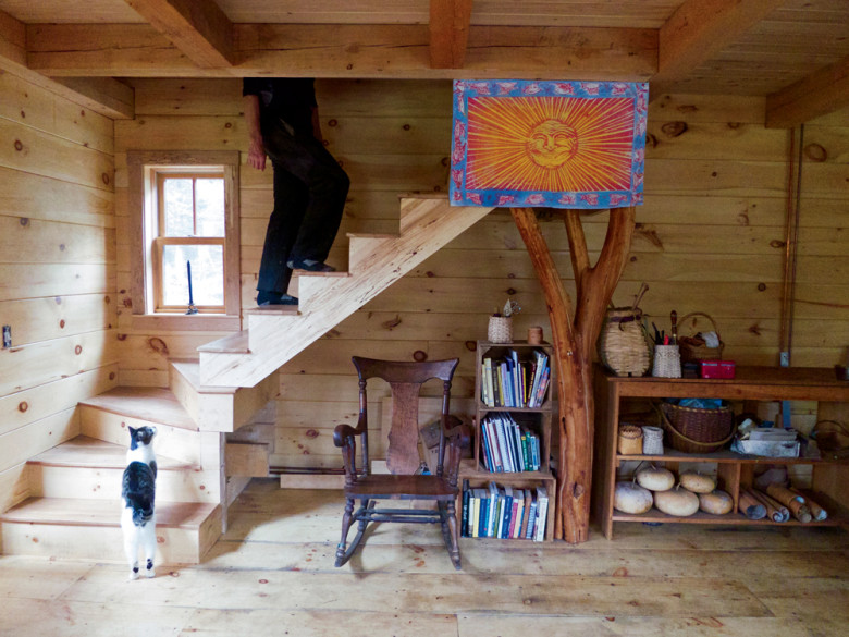As Huck the cat looks on, the author heads to the second floor of the home that he and his family have built from scratch in rural northern Vermont. The stairs are trimmed in spalted maple boards that were pulled out of a friend’s barn.