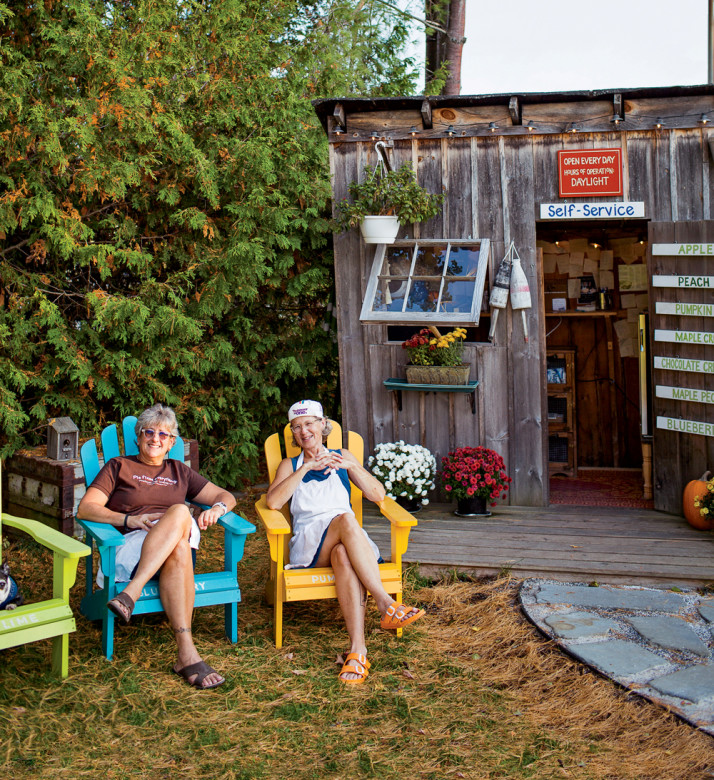 Jamie, left, and Paula Eisenberg at the shed where visitors choose their pies and leave their cash (and, often, thank-you notes).