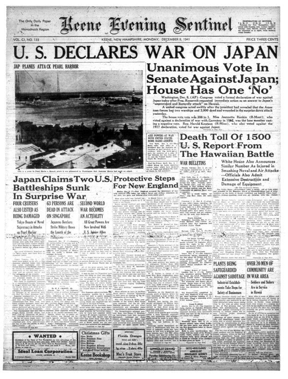 The December 8, 1941, issue of the Keene Evening Sentinel reporting the declaration of war on Japan.