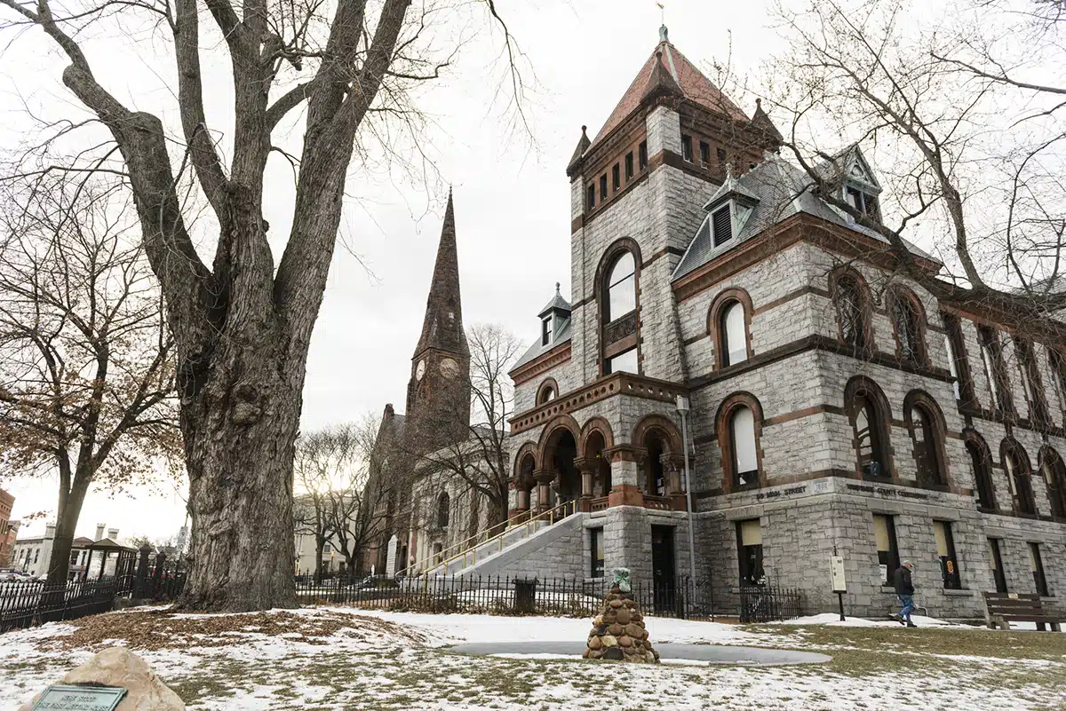 The iconic Hampshire County Courthouse built in 1884 of granite and smooth brownstone.