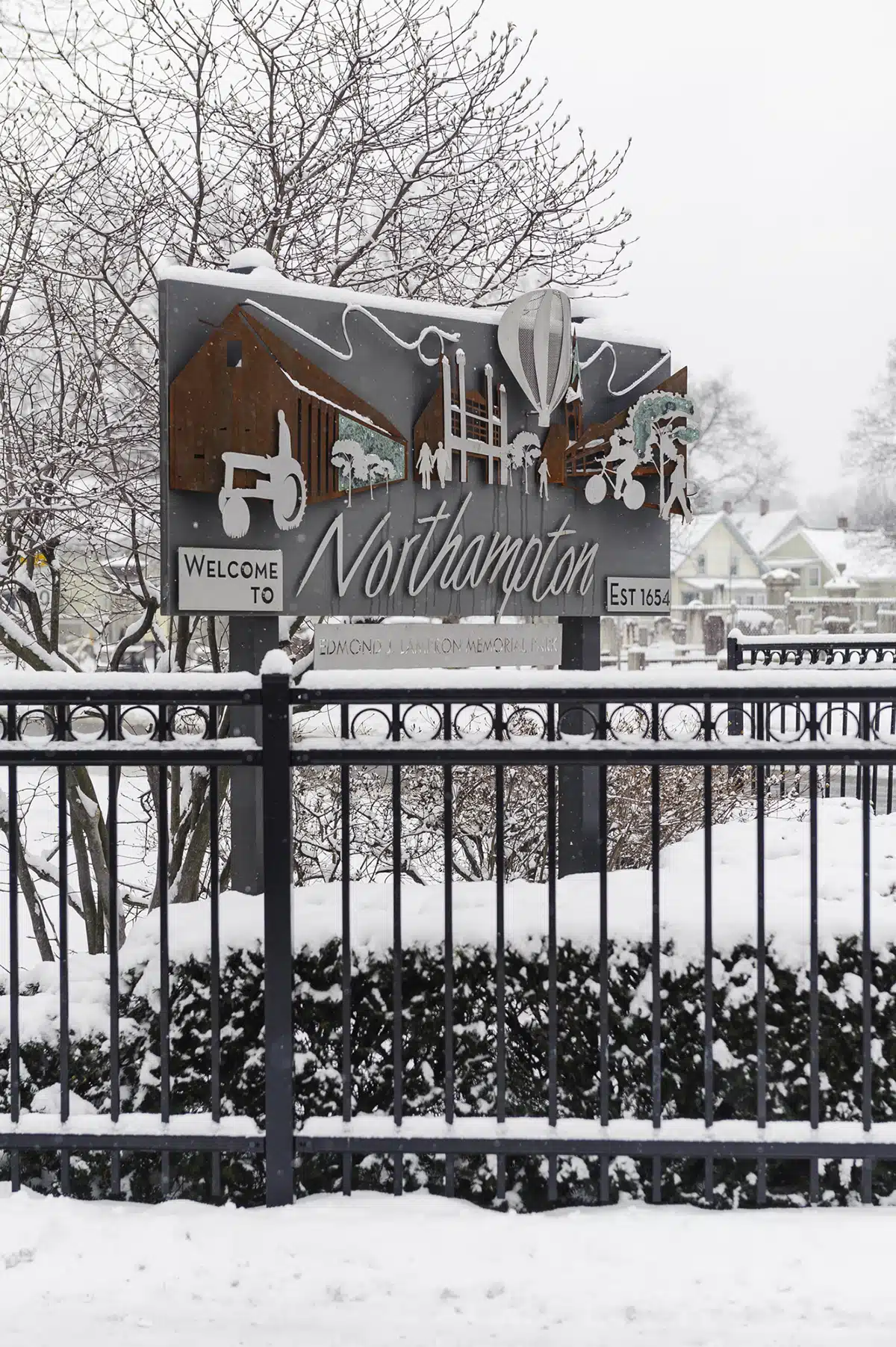 Gateway sign designed by Florence, Massachusetts artist Sam Ostrow of Salmon Studios.