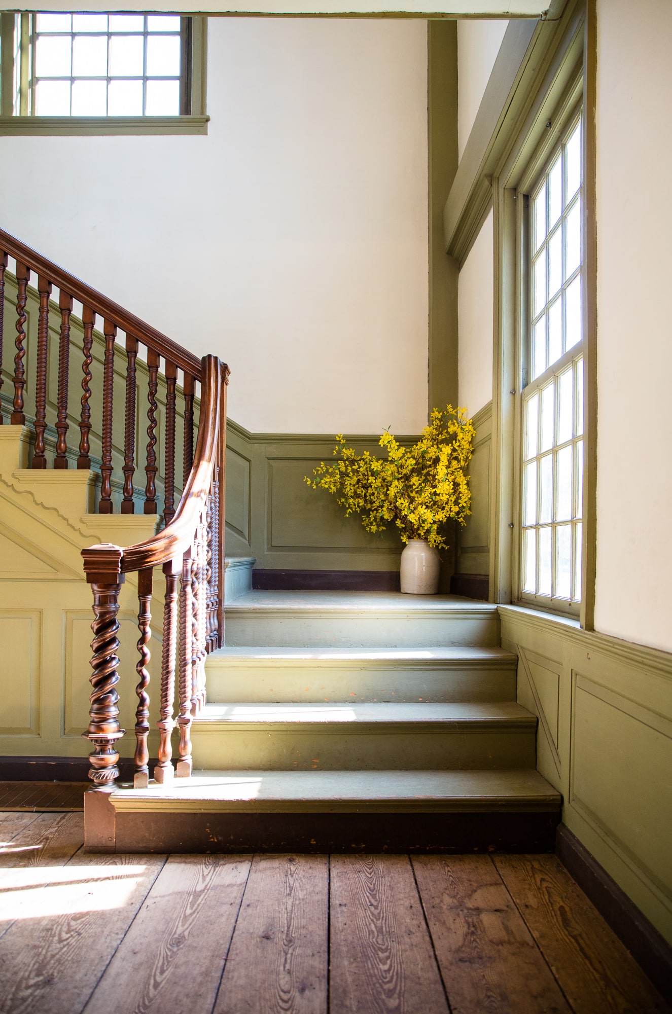 An ornate Georgian staircase inside the Joseph Webb House, circa 1752. The property was designated a national historic landmark in 1961.