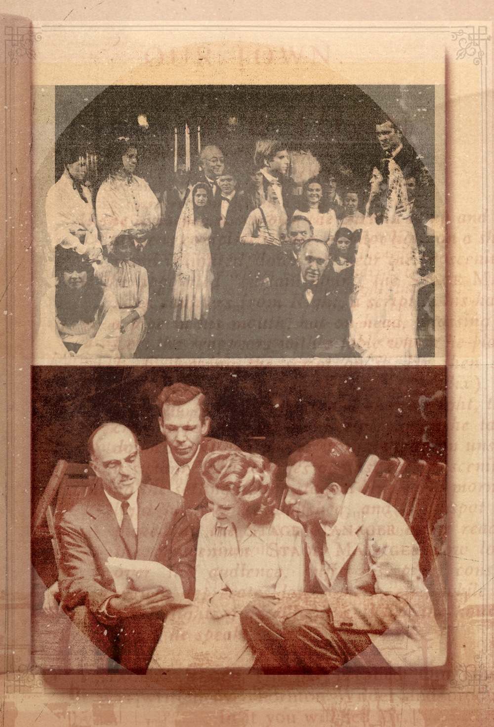 A double-exposure image from the 1976 production of Our Town in which Annie Graves (in wedding veil) portrayed Emily; Thornton Wilder (far left) at the Peterborough Players c. 1940.