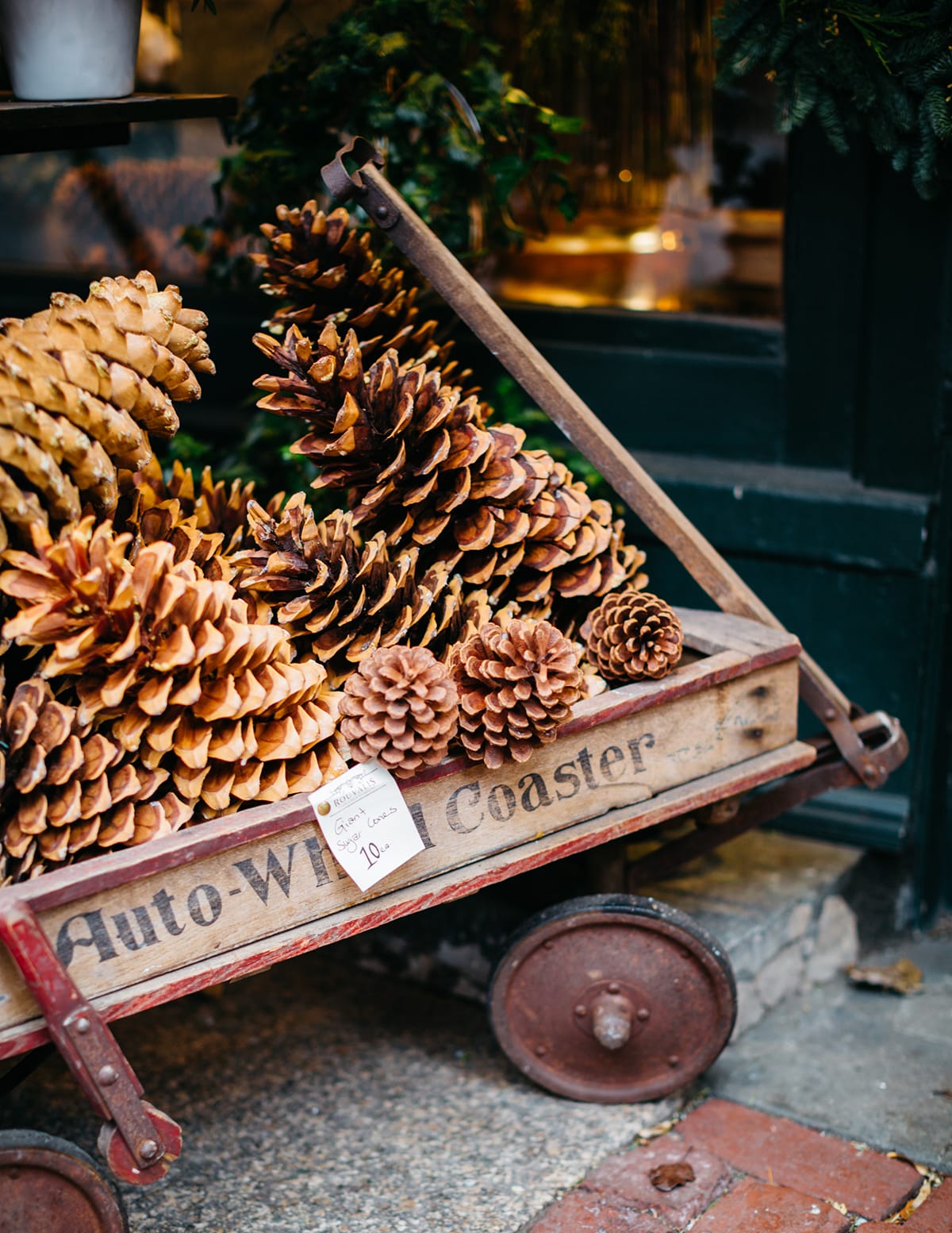 Giant pinecones fill a vintage cart at Rouvalis Flowers.