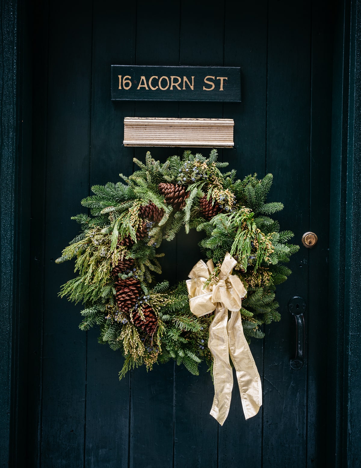 The simplicity of an Acorn Street holiday wreath in Beacon Hill.