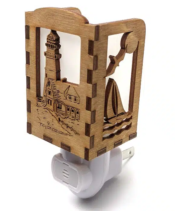 Night Light with wooden etching of Portland Head Lighthouse
