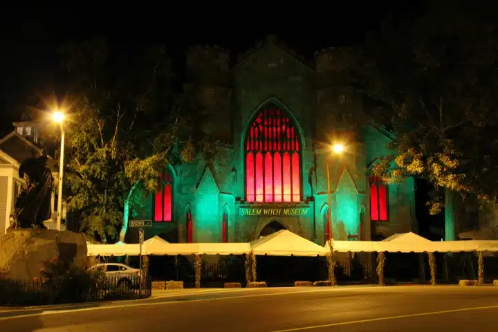 The Salem Witch Museum at night in Salem.