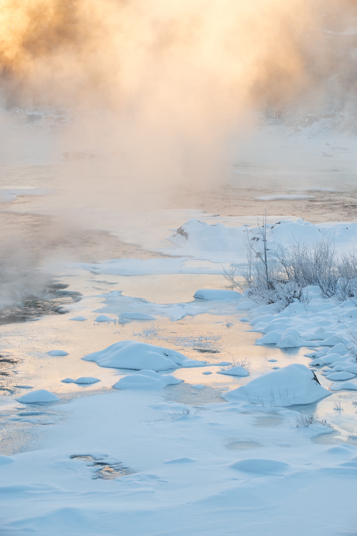 Smoke ice at sunrise, 19 degrees below zero, Carrabassett River, North Anson, Maine.
