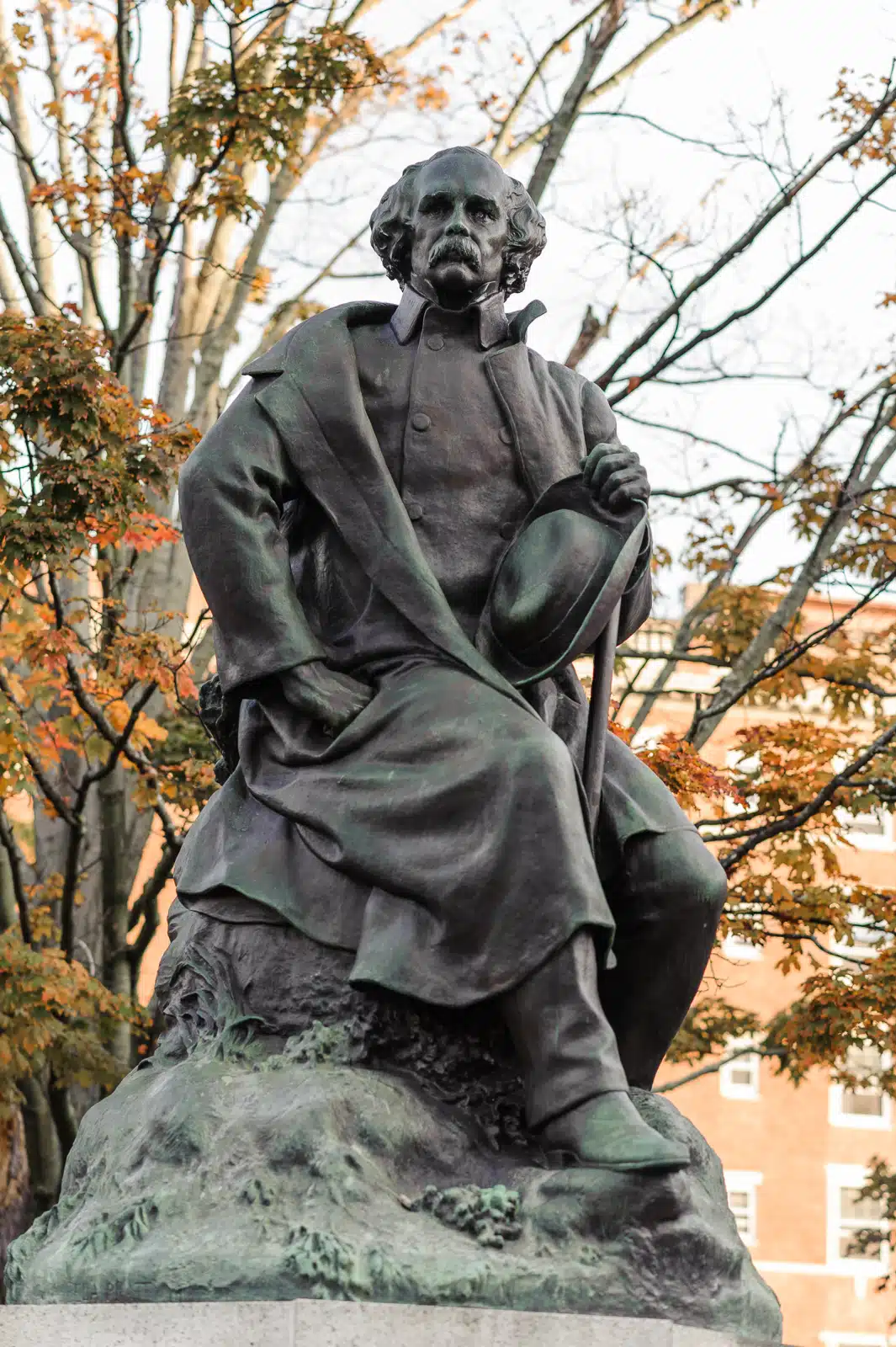 Statue honoring Salem born author Nathaniel Hawthorne. Some of his most notable works include The House of Seven Gables and the Scarlet Letter.