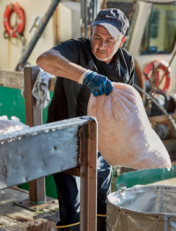 A worker receives scallops at the Buyers and Sellers Exchange, New England’s largest seafood auction.