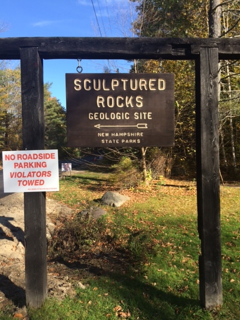 Nothing but a typical New Hampshire park's sign to welcome visitors to Sculptured Rocks 