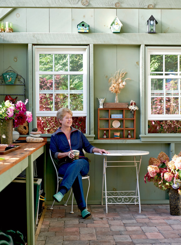 Linda Colgan gives her green thumb free rein in her East Sandwich shed, which is flooded with natural light thanks to translucent polycarbonate panels incorporated into the roof. 