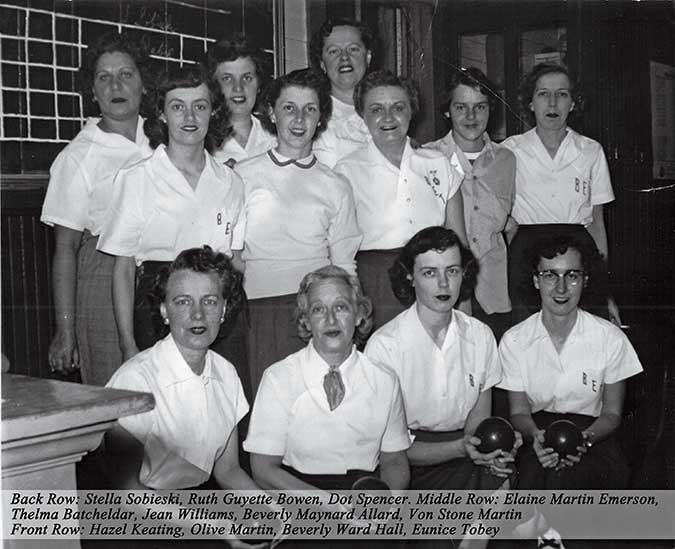 Early women's bowling league at Shelburne Falls Bowling Alley.