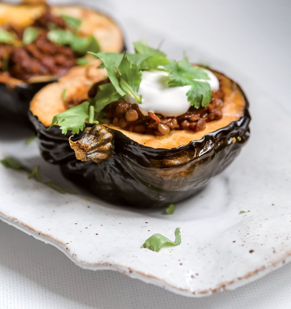 Smoky Chocolate Lentil-Stuffed Acorn Squash