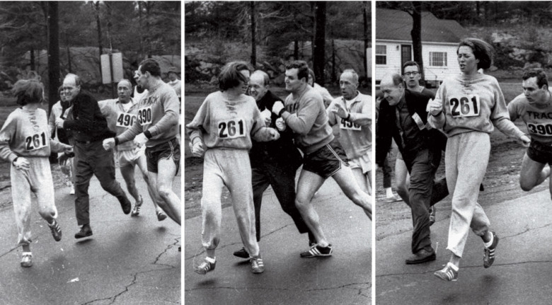 From left, Boston Marathon codirector Jock Semple charges at Kathrine Switzer ... trying to rip off her bib ... before Tom Miller knocks him aside. 