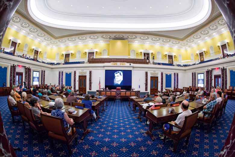 At Ted Kennedy’s namesake institute, a re-creation of the U.S. Senate chamber includes custom-built replicas of the senators’ 19th-century desks.
