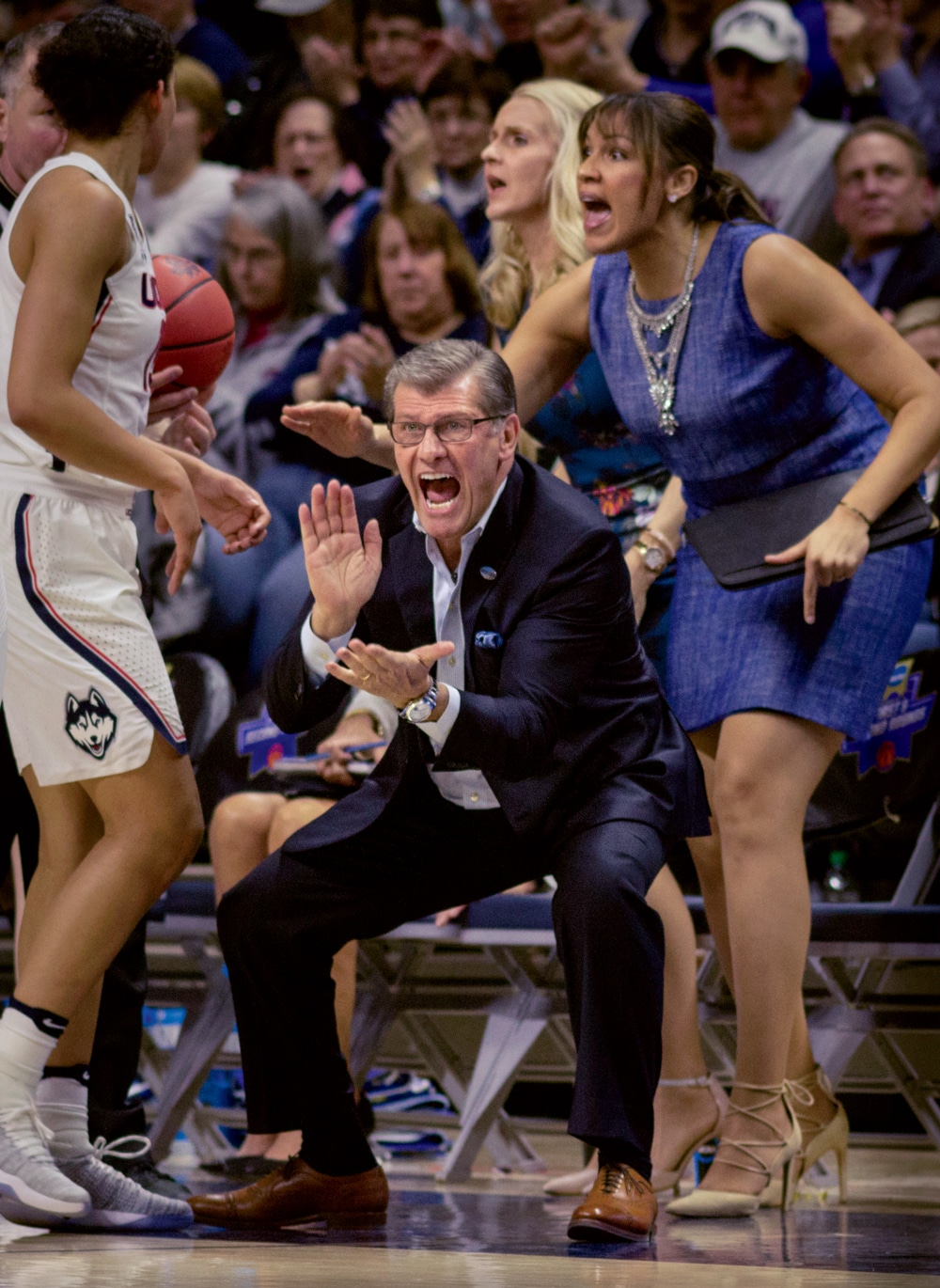 Head coach Geno Auriemma and assistant coach Marisa Moseley