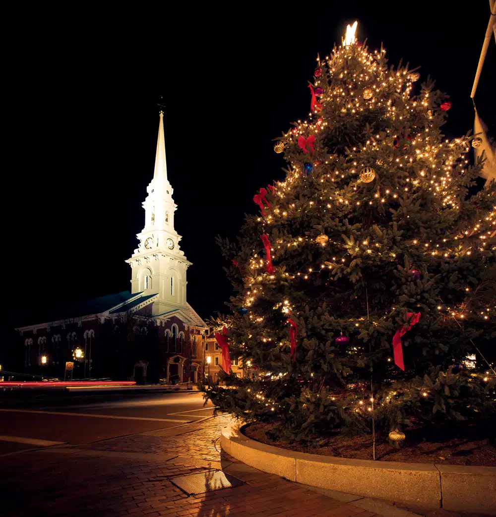 Portsmouth’s Market Square is all aglow, courtesy of the city’s official Christmas tree and historic North Church, built in 1855.