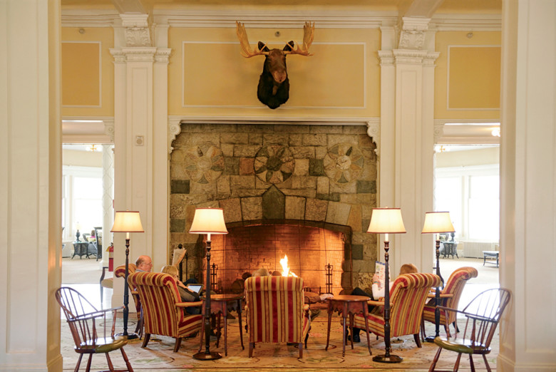 A giant fieldstone fireplace graces the Mount Washington’s French Renaissance–style Great Hall. 