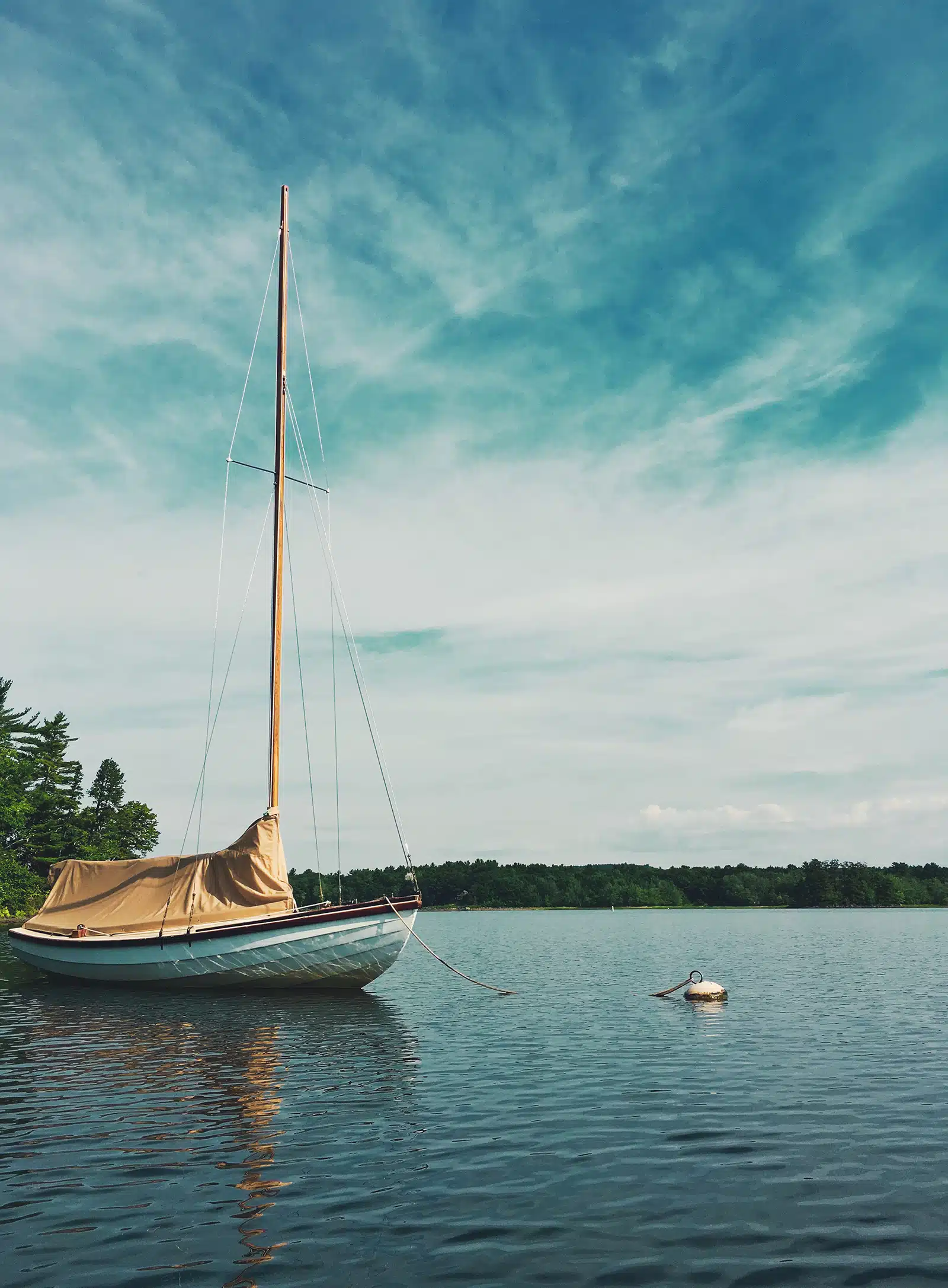 Title: Summer Transportation Location: Androscoggin Lake, ME Judge's comments: "This photograph depicts a summer scene, or perhaps a moment after summer has ended, as the boat is secured and covered. The sailboat indicates either human presence or an absent owner. The aqua, white, green and beige are a pleasing and serene palette. The reflection of the mast leads us in and out of the photograph. The water is calm and the angular clouds point to the anchored sailboat. The boat is set off-center, with the anchor as its period at the end of the sentence, stopping the boat from setting sail."