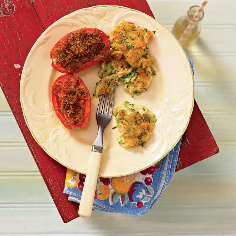 Broiled Tomatoes, Zucchini Pancakes