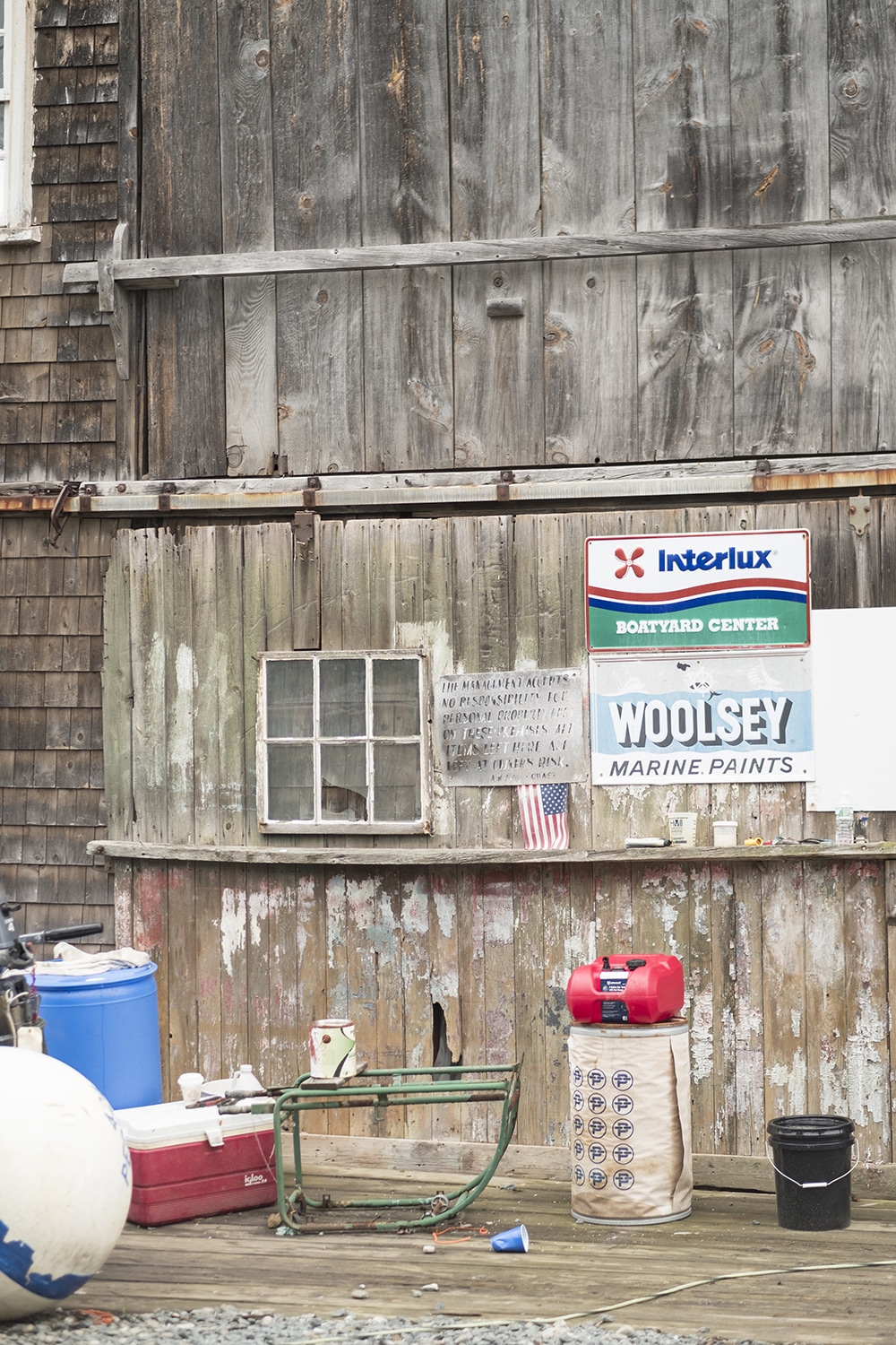 The weathered exterior of Eaton's Boat House in Castine, Maine.
