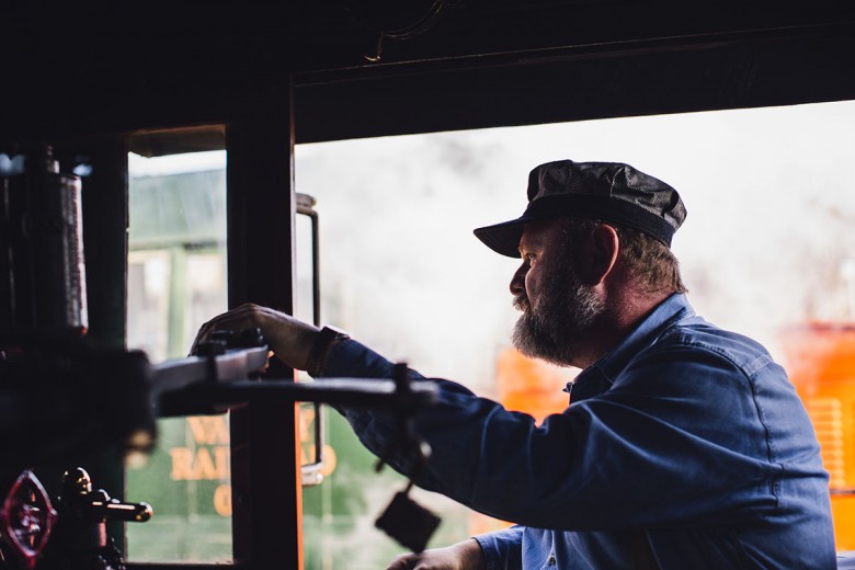 Kevin Dodd at the helm of the Essex Steam Train in Essex, Connecticut runs through late October.