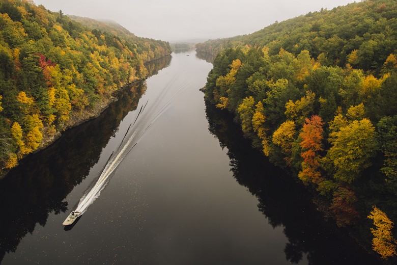 View of the Connecticut River from the French King Bridge a cantiliveer arch style bridge that spans the towns of Erving & Gill, Massachusetts.