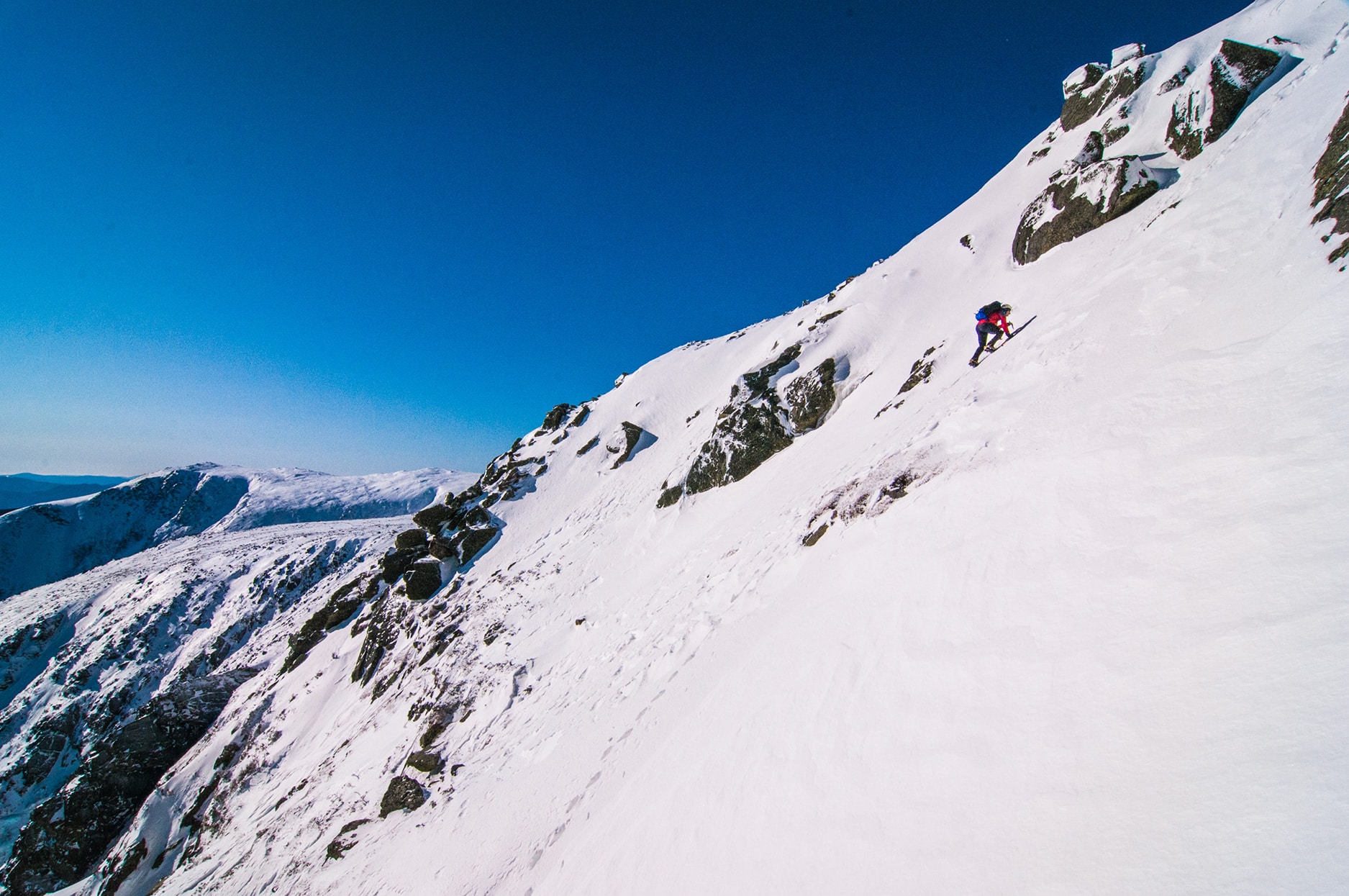 Brian Johnston nearing the top of Damnation Gully in Huntington Ravine on Mount Washington.