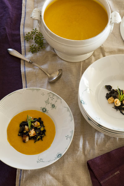 The soup menu changes at the McClelland's but Thanksgiving always begins with a big pot of something seasonal and delicious. Butternut-Citrus Soup with Bay Scallops and Mushrooms is a rich squash soup offering.