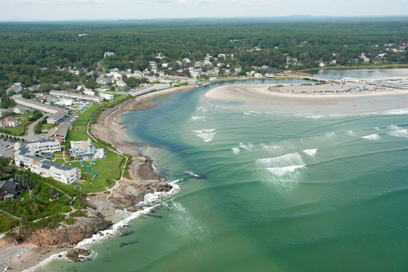 Aerial view of the coastal town and beach in Ogunquit.