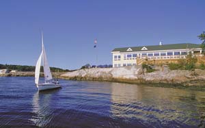 The Pilot House and The Ledges restaurants as seen from Casco Bay.