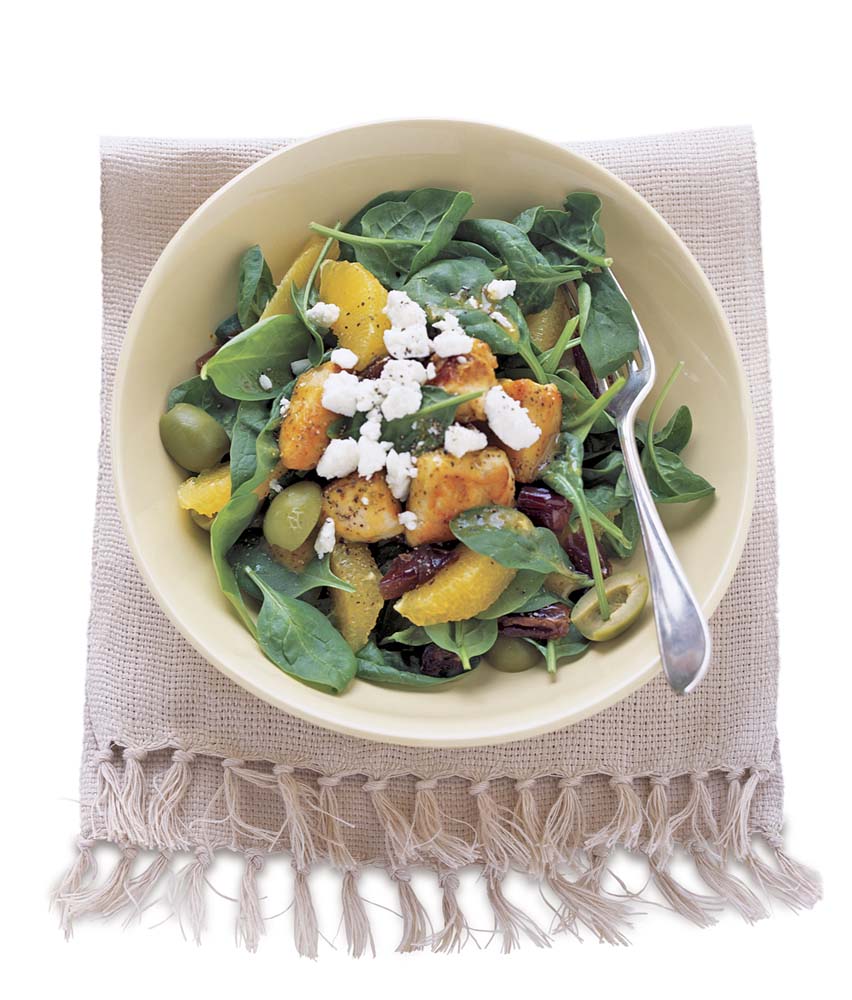 Warm Chicken Spinach Salad with Oranges, Dates, and Goat Cheese