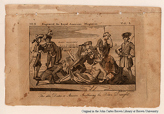 A political cartoon published in 1774 lampooning Britain's response to the Boston Tea Party. In this image, the American colonies are depicted as an Indian woman having tea forced down her throat