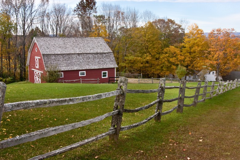 Red Barn On Hill In Woodstock, Vermont.