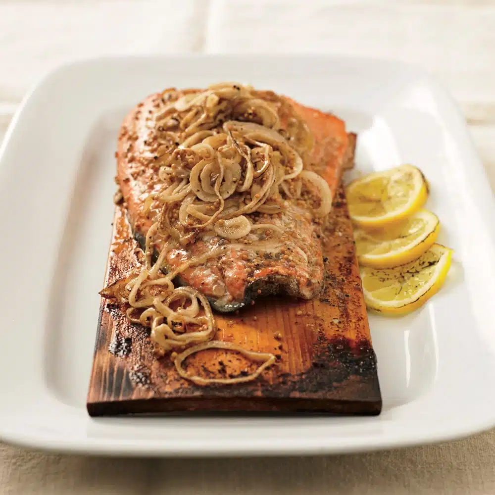Maple-Mustard Cedar-Plank Salmon with Sweet-Onion Crust