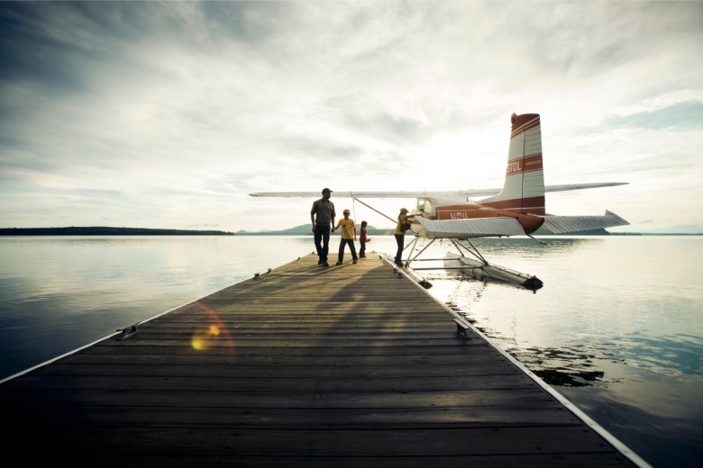 A family arrives by floatplane for breakfast at the Birches Resort, a hunting and fishing lodge built in the 1930s and situated on an 11,000-acre private nature preserve on the western side of Moosehead Lake.