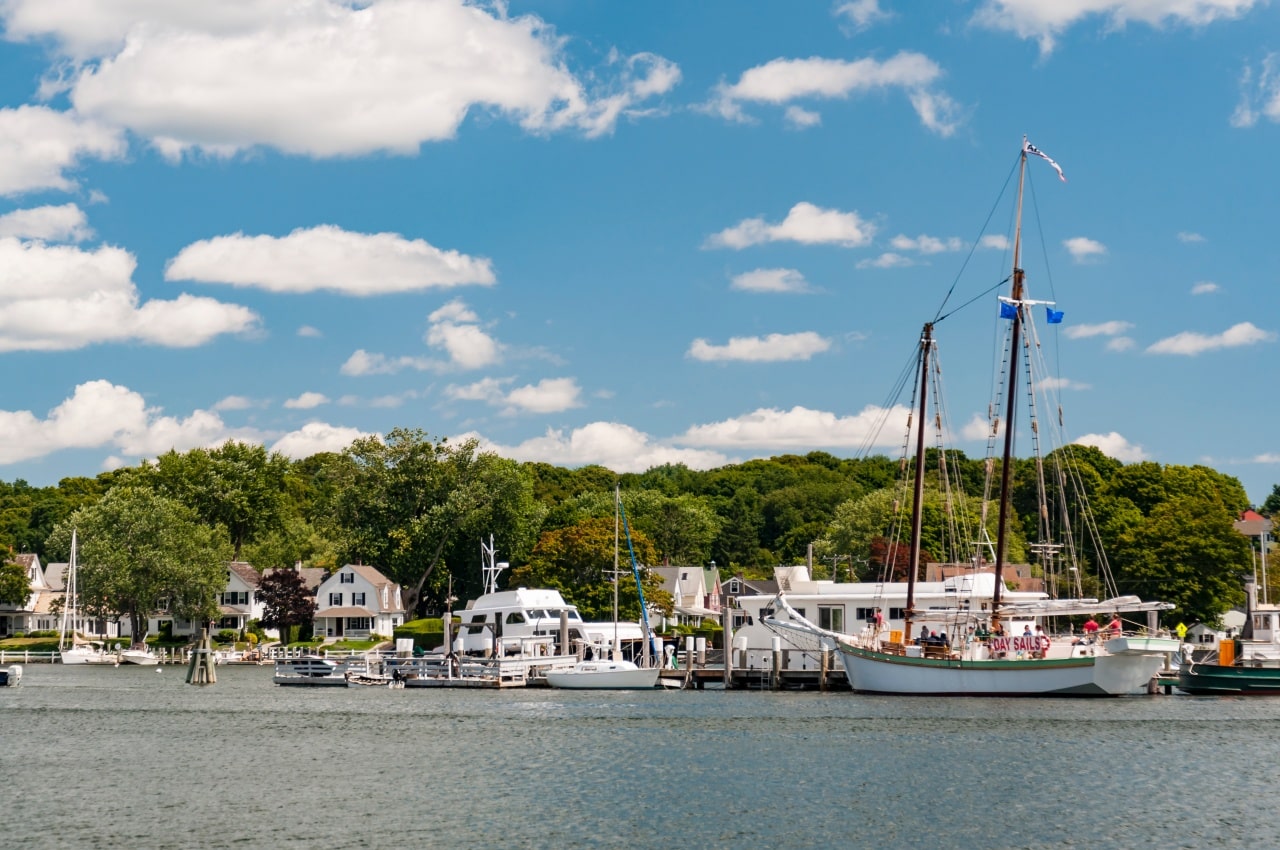 View of the Mystic Seaport with boats and houses, Connecticut