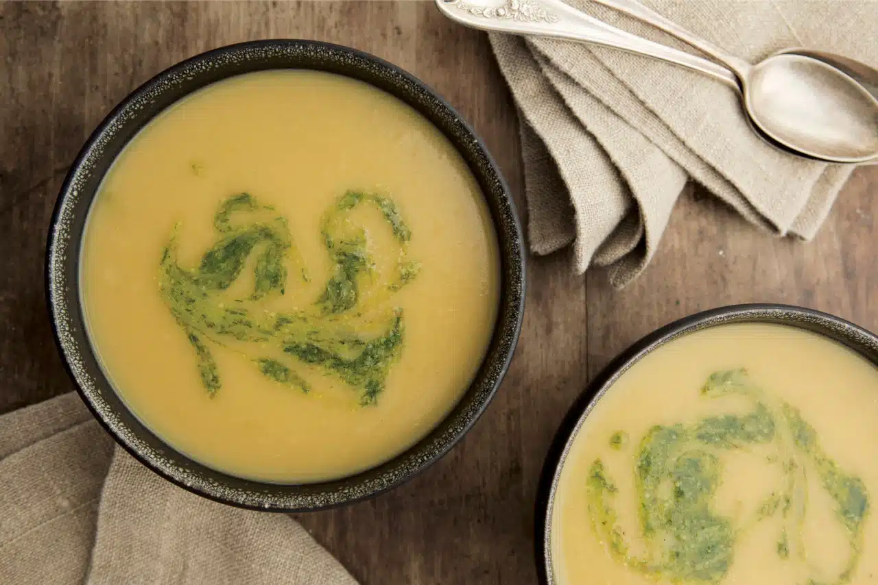Potato & Cheddar Cheese Soup with Chive-Walnut Swirl