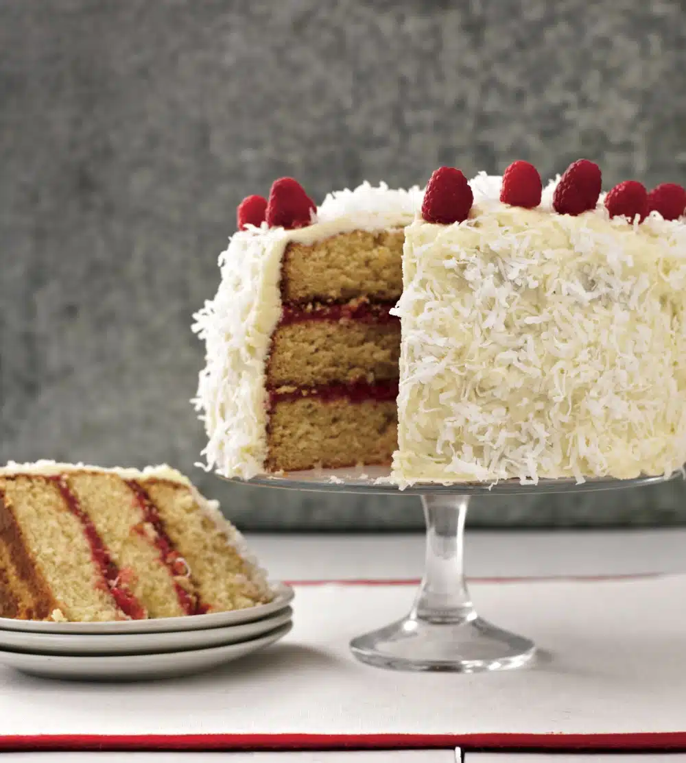 Coconut Almond Cake with Raspberry-Lime Curd Filling