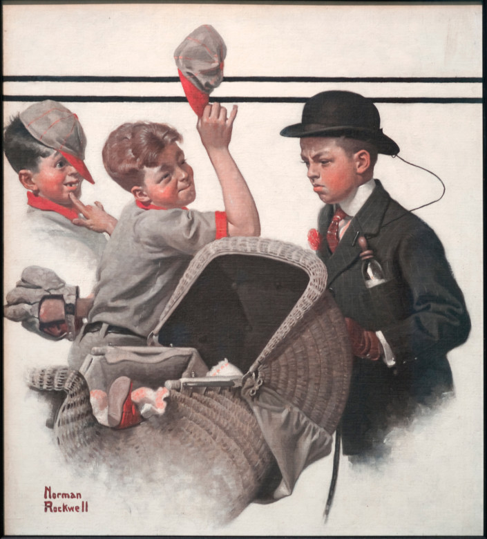 Norman Rockwell (1894-1978), Boy with Baby Carriage, 1916. Oil on canvas,20 3/4" x 18 5/8". Cover illustration for The Saturday Evening Post, May 20, 1916.