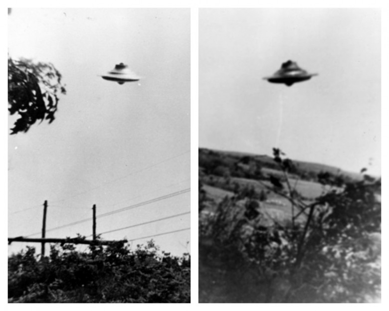 Details from two of the seven "flying saucer" photos snapped by Harold Trudell near his home in Rhode Island in 1967.